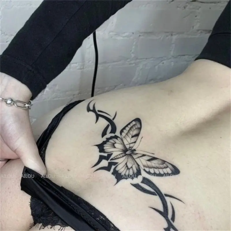 Tatuagens temporárias de borboleta preta para mulheres, arte falsa, tatuagem duradoura, adesivos impermeáveis, asas sexy