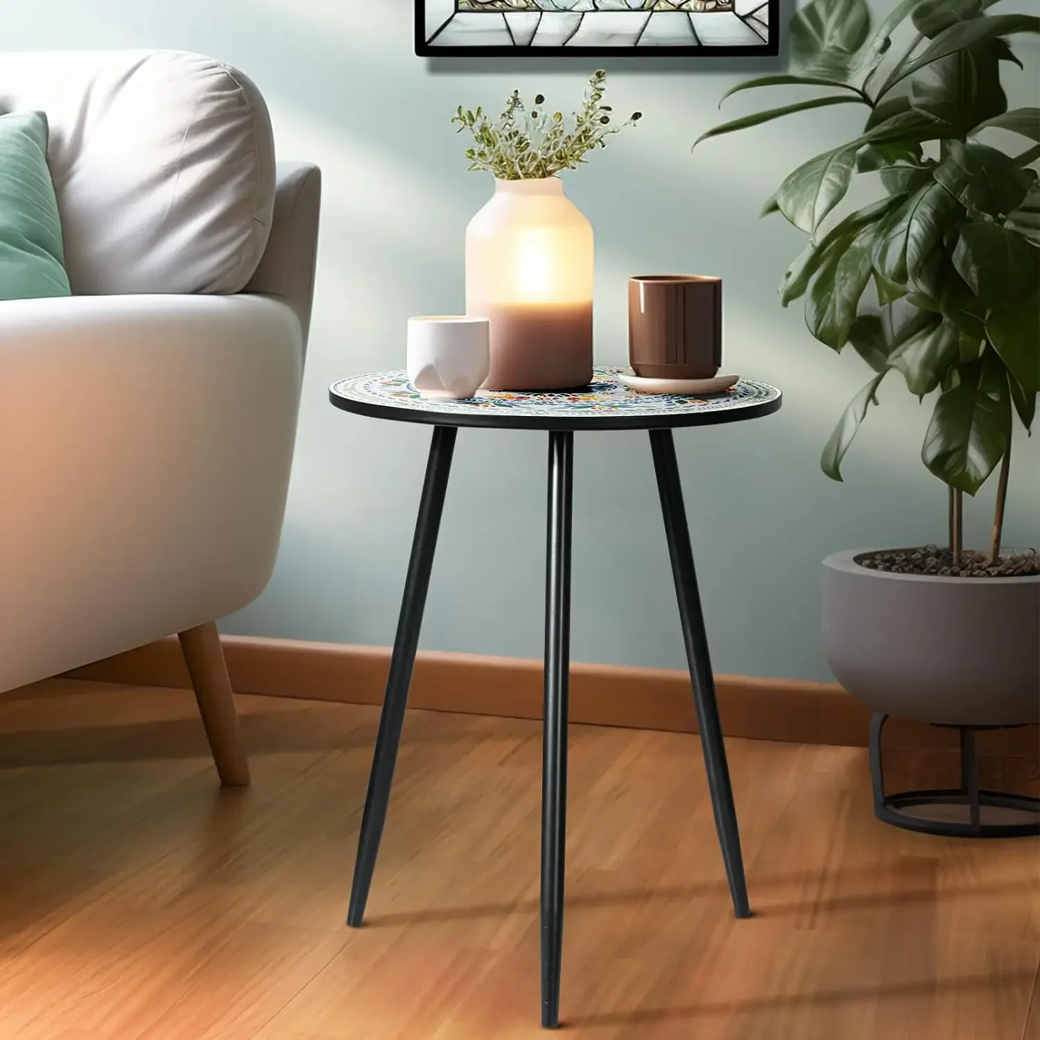 

Round Side End Table, 16" Unique Relief Ceramic Tile Table Top with Metal Structure