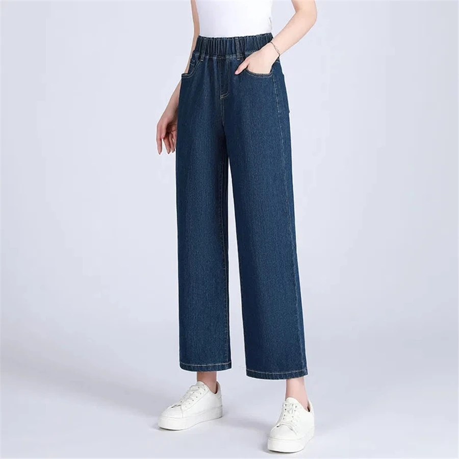 Calça jeans clássica feminina, cintura alta, perna larga, estiramento, largo, comprimento do tornozelo, azul, capris, casual, rua coreana, vaquero 34