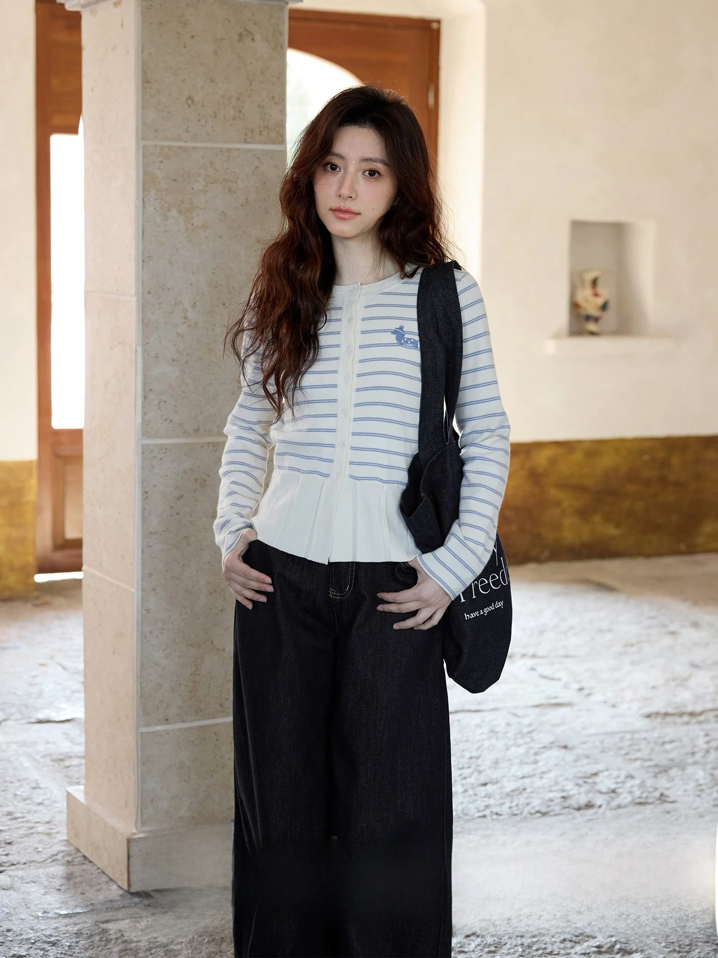 

Вязаный кардиган Ele в полоску, весна 2026, новинка, уникальный корейский стиль, для женщин, стандартный крой, длинный рукав