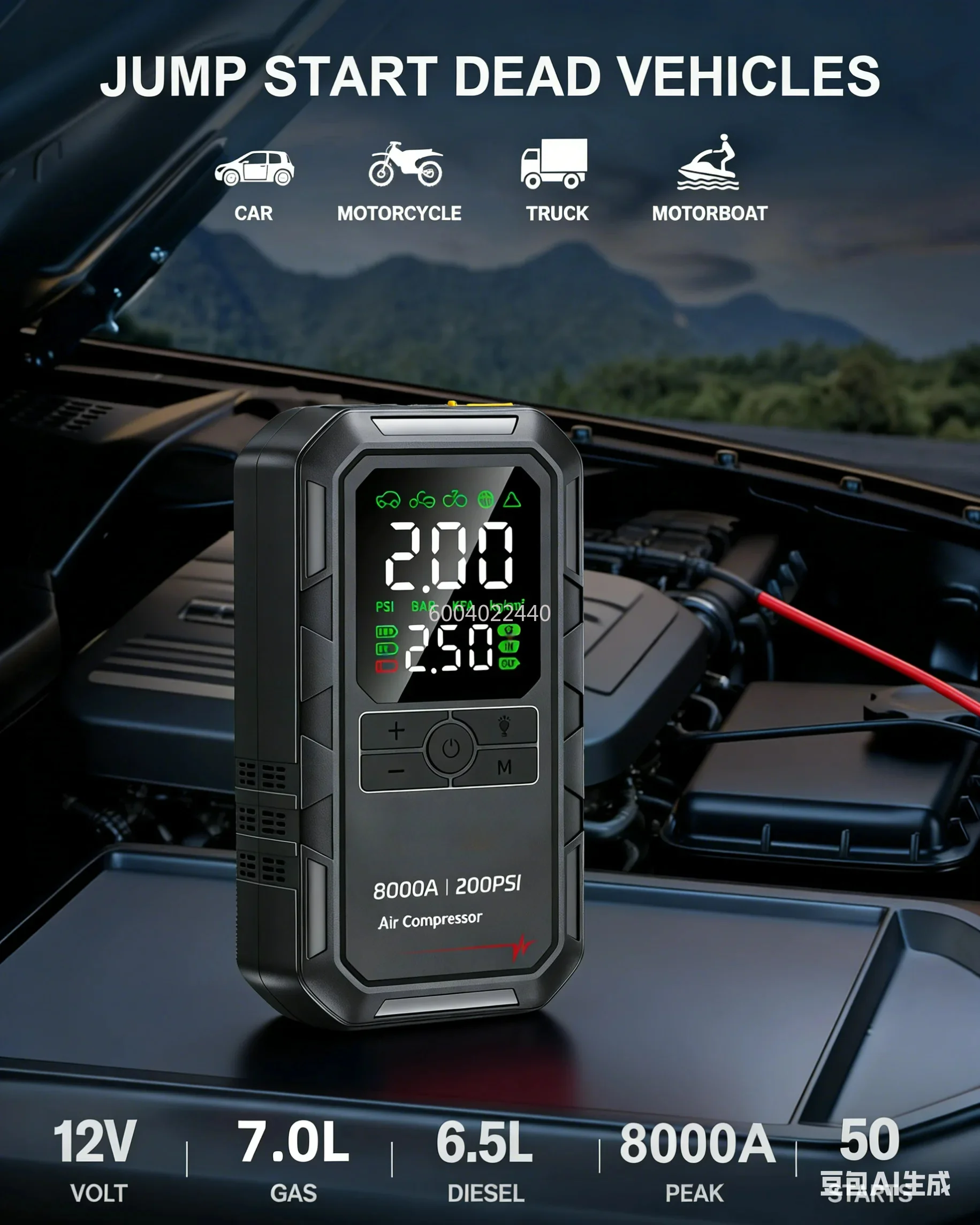 8000A Peak Wireless Car Jump Starter - Portable Emergency Battery Booster & Power Bank for Dead Car Battery, All in One