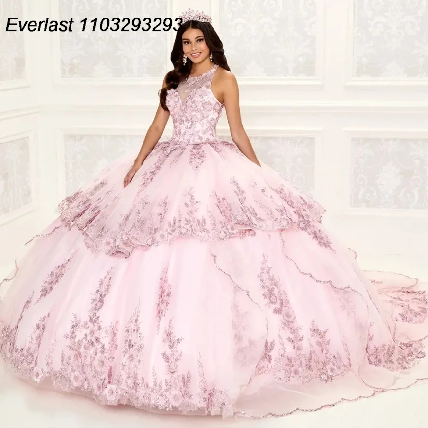 EVLAST Lavender Quinceanera Dress Ball Gown Lace Applique Beading Crystal Tiered Ruffles Sweet 16 Vestido 15 De Años TQD219