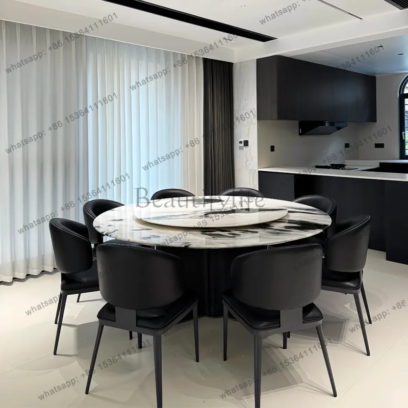 Panda white natural luxury stone round dining table Italian light luxury high-end marble dining table