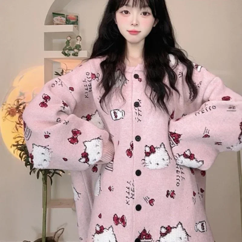 Hello Kitty Long Sleeved Cardigan Sweater Kawaii Cartoon Sweet Jacquard Knit Round Neck Casual Loose Versatile Jacket Women Y2k