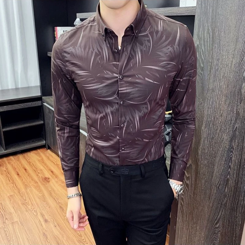 

Мужская рубашка с длинным рукавом в корейском стиле, осень 2026, модный принт, повседневная, деловая, приталенная, качественная