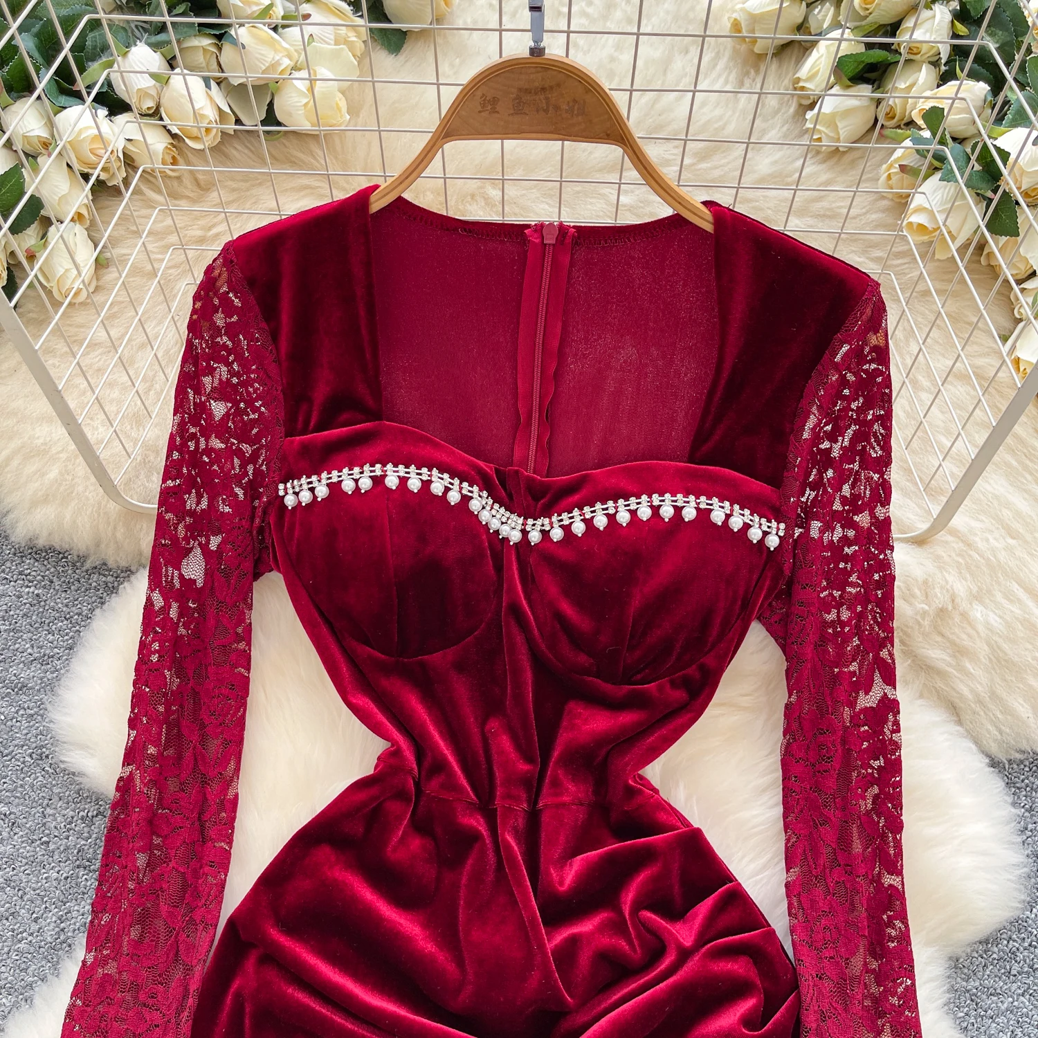 Chic sexy terciopelo cuello cuadrado manga larga vestido fruncido Hada otoño Vestidos ropa de mujer Vestidos de ceremonia