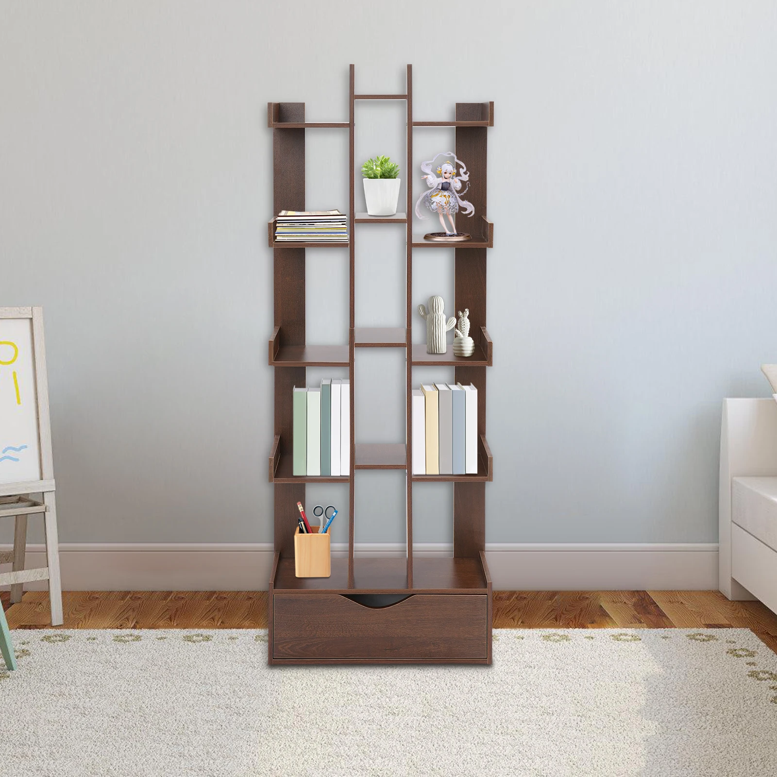 

Floor to Ceiling Bookshelf Multi-Layer Space Saving Storage Cabinet Home Open Bookshelf with 15 Compartments-Oak Color