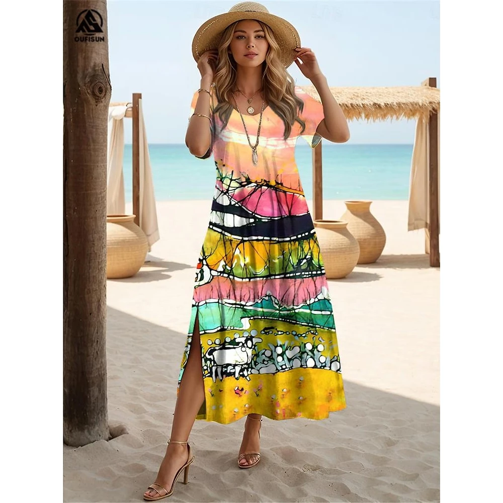 Elegant Womens Slit Dresses Fashion Stitching Summer Long Dress Loose Bohemian Clothing Vacation Female V Neckpullover 2024 New