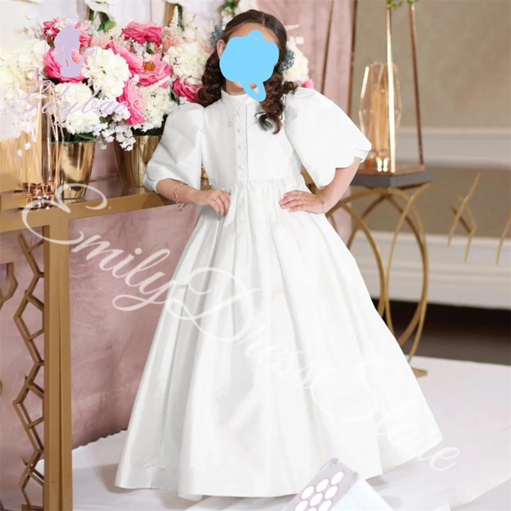 Customized Bridesmaids Flower Girl Dress For Wedding Pleated Satin Half Sleeve Kids Birthday Party First Communion Ball Gown