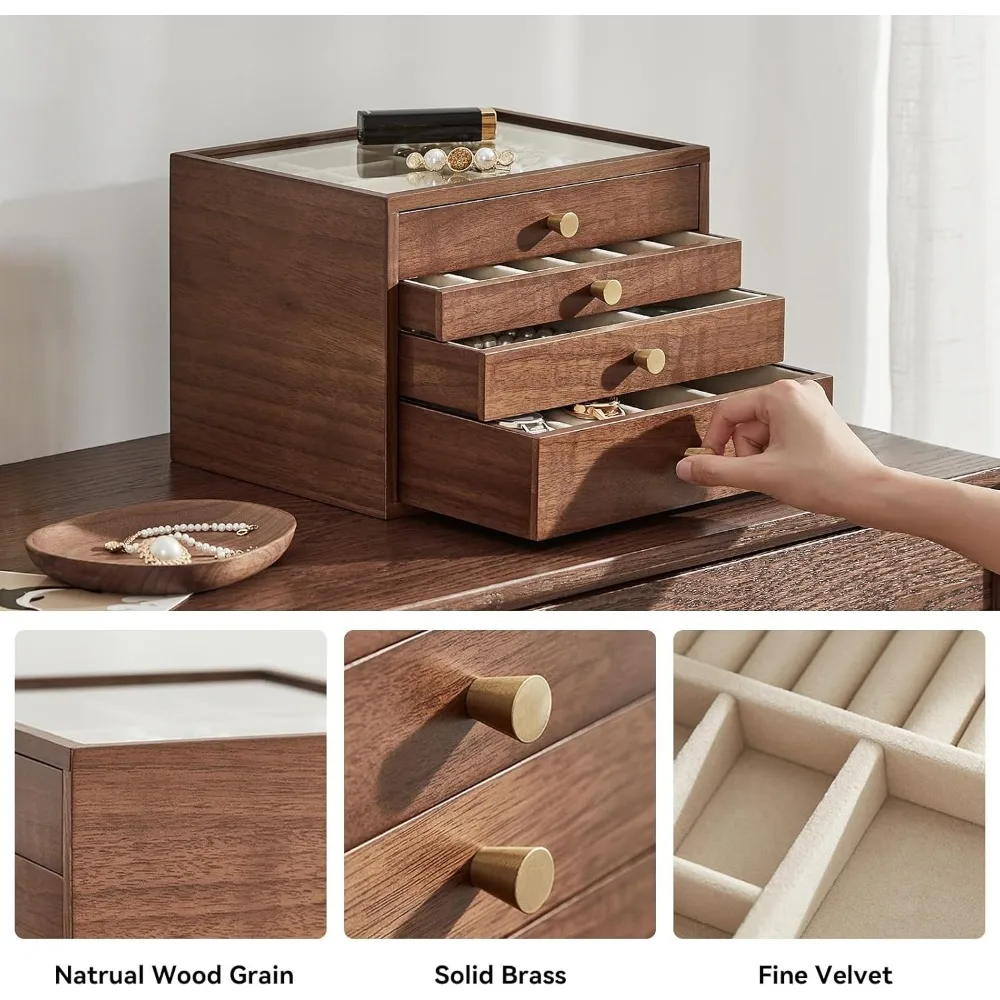 Black Walnut Wooden Jewelry Box for Women large 4 Layer Drawer Organizer Box with Glass Lid for Necklaces, Watch, Necklace