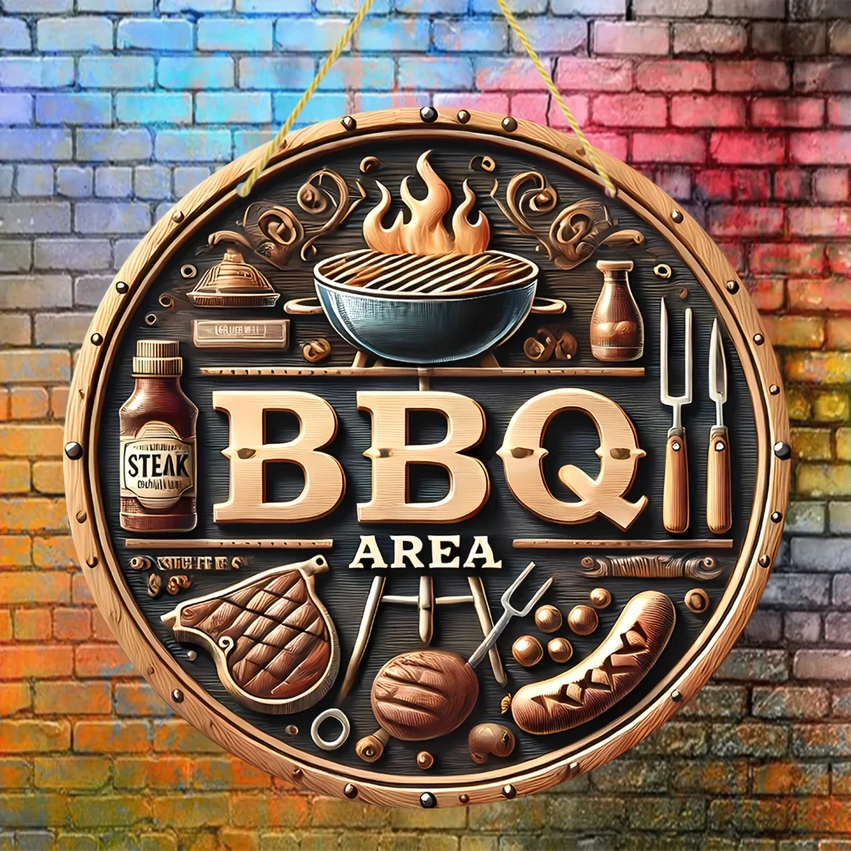 Vintage 8 Inch Round Aluminum Grill Area Sign Ideal for Outdoor Walls Garages and Patios Perfect Addition to Farmhouse Garden