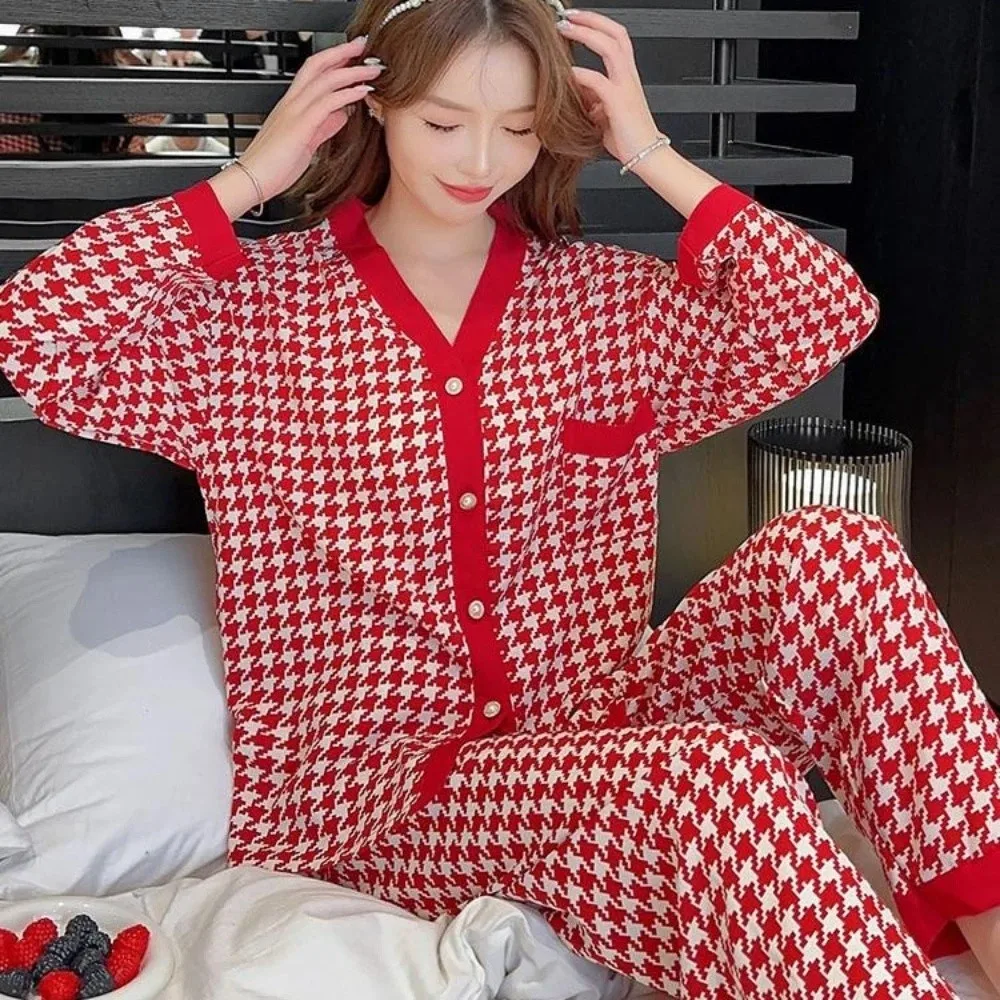 

Sweet V-neck Grid Pajamas Women Casual Homewear Leopard Sleepwear Set Spring Autumn Loose Long Sleeves Pajamas Home