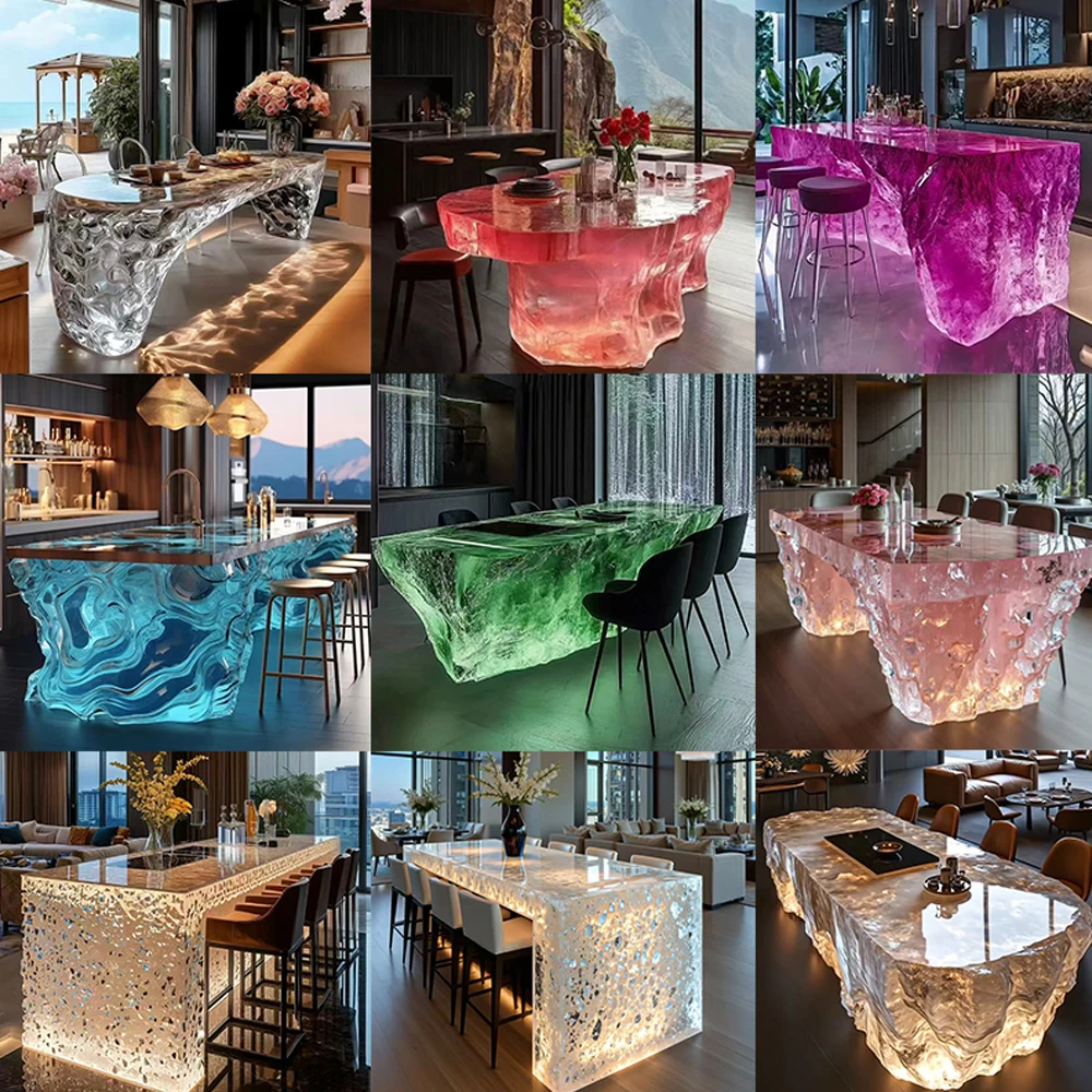 *High End Light Luxury Transparent Resin Hotel Front Desk Restaurant Villa Kitchen  Luminous Crystal Ice River Island Table