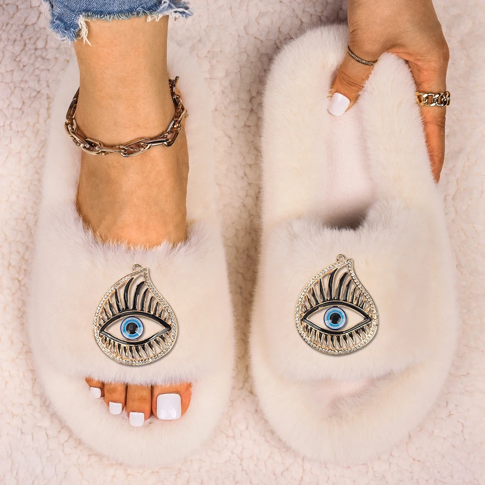 Slippers Women Fluffy Slides Luxury Designer Eye Decor Platform Sandals Ladies Faux Fur Flip Flops Fuzzy Slippers Furry Shoes