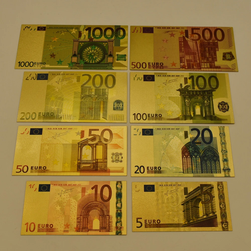 8pcs EUR Gold Banknotes 5 10 20 50 100 200 500 1000 Bills PET Plastic Collection Card Home Decoration