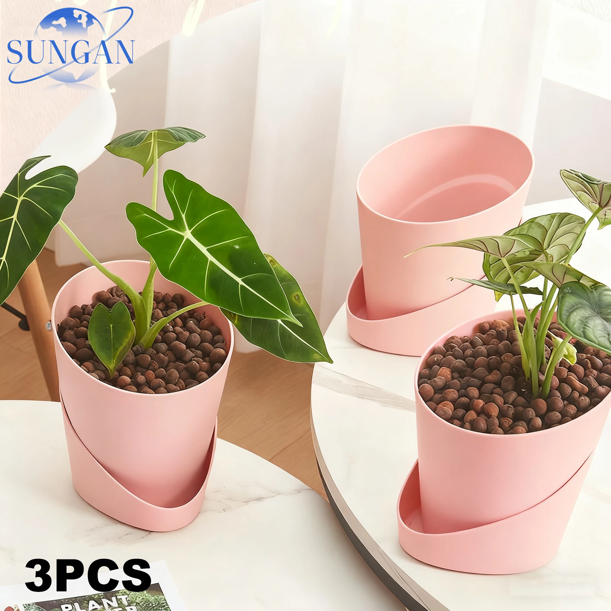 

3 Pack Self Watering Planters Pink Slanted Design Indoor Plant Pots with Drainage Holes & Breathable Grooves for Houseplants Suc
