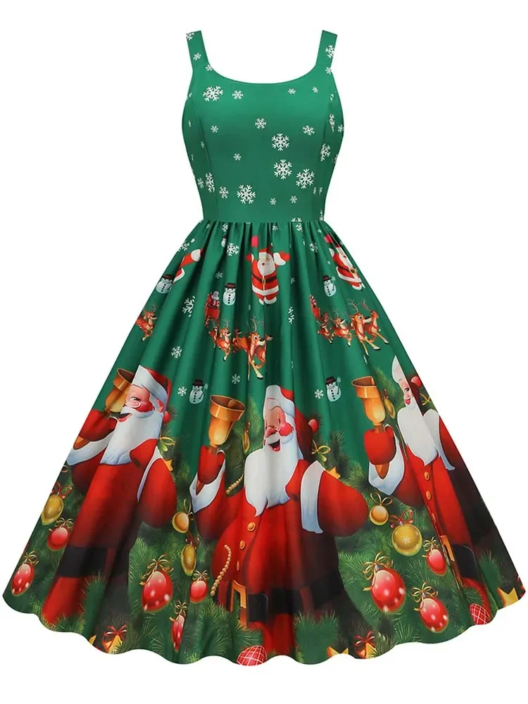 50s 60s Spaghetti Strap Vintage Christmas Dress 2025 Women Elegant Sexy Swing Robe High Waist Print Midi Party Costumes Dresses