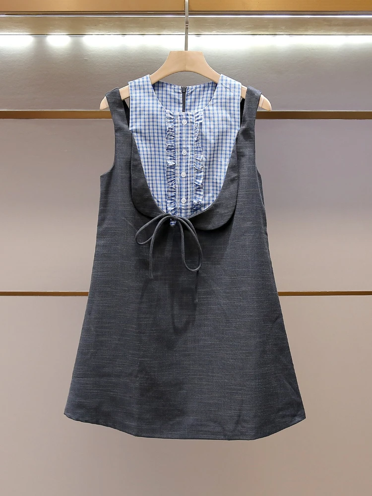 Women's Summer Age Reducing College Style Design with Grid Pattern Patchwork Sleeveless Vest Dress for Women