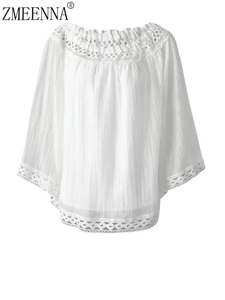 

ZMEENNA Women's Off Shoulder Blouse With Crochet Lace Trim Loose Fit White Batwing Sleeve Top Casual Summer Tunic ZM3240