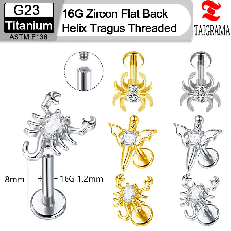

G23 Titanium Cartilage Stud Hypoallergenic Zircon Stud for Women Flat Back Helix Tragus Threaded Earring Lip Piercing Jewelry
