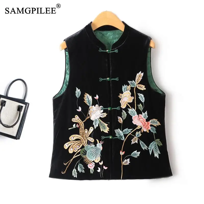 

Embroidered Women Vest Stand Collar Chinese Style Disc Buckle Contrast Color Quilted Sleeveless Velvet Light Luxury Jacket Woman