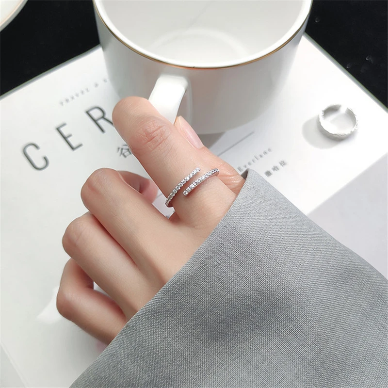 Sole Memory Rhinestone Cool Zircon 925 Sterling Silver Female Resizable Opening Rings RI558