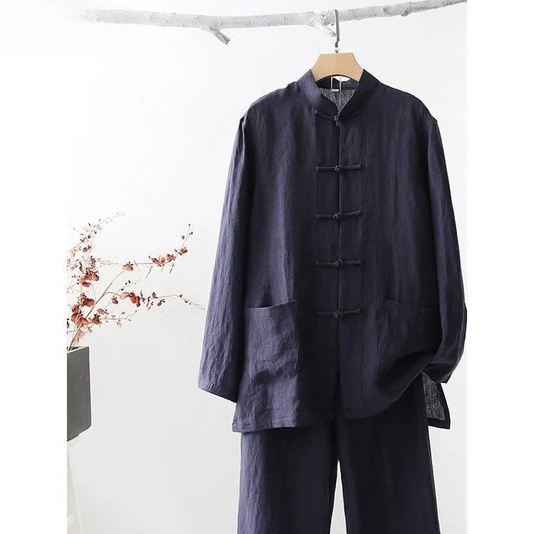 Men's Summer Long Sleeve Linen Set Thin Vintage Chinese Style Button Hanfu Clothing Casual Pure Color Mid-aged Men's Wear