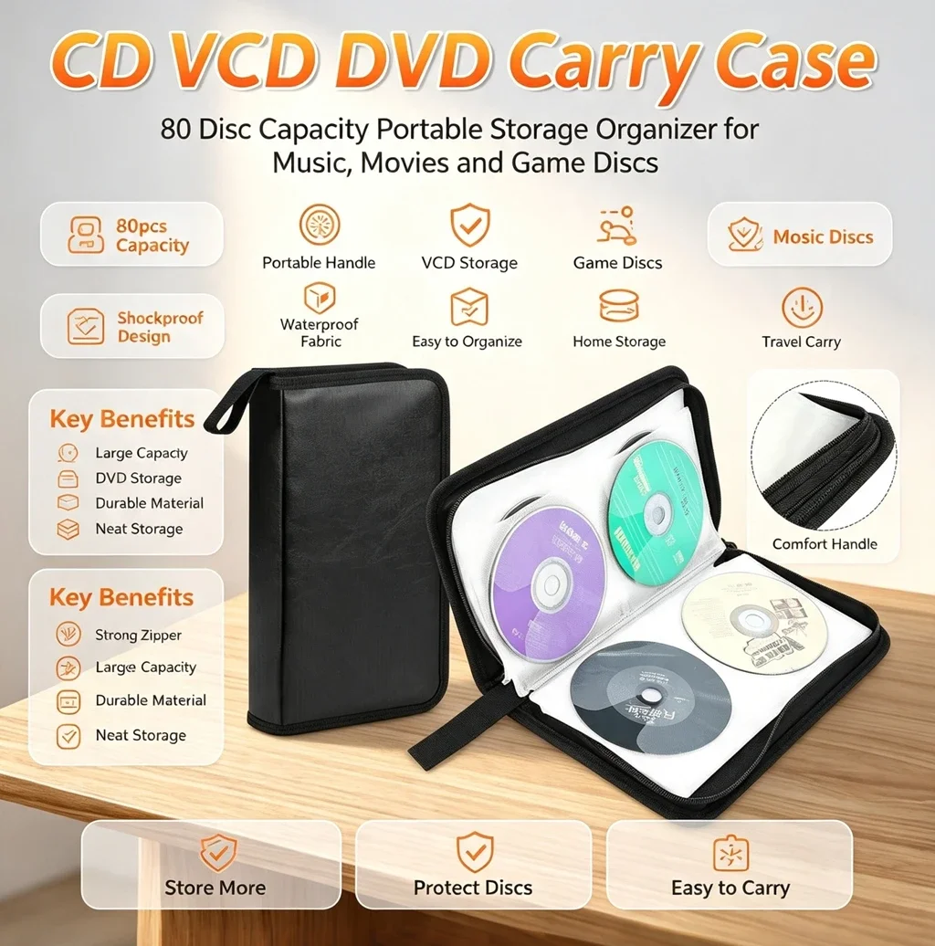 80 Discs DVD CD Storage Wallet Double-Sided Zipper Case Multi-Purpose Media Binder Album for Blu-ray Game Discs