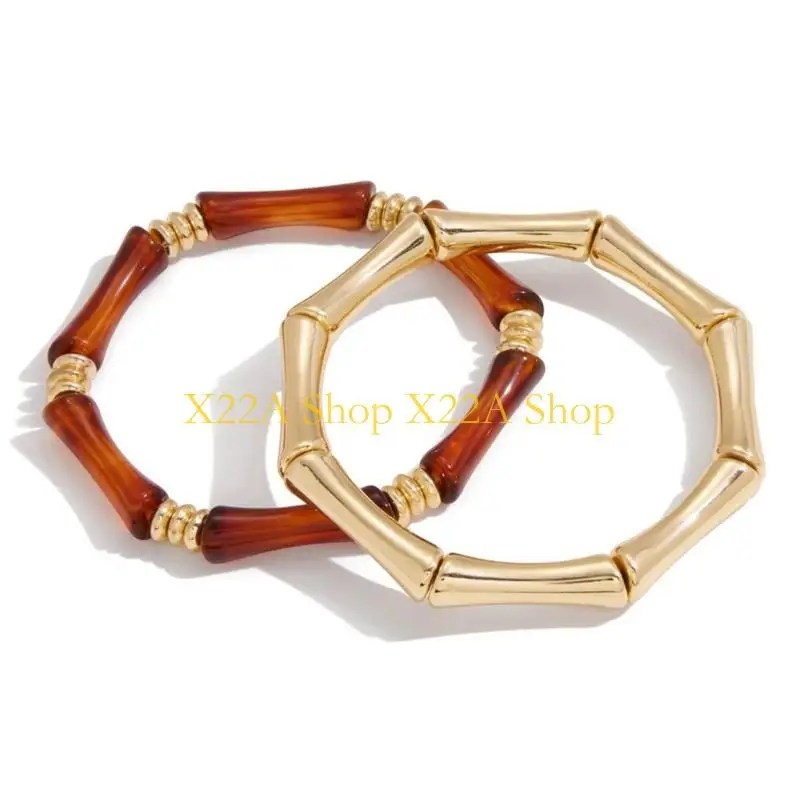 Unique Pack of 2 Elegant Bamboos Joint Bracelets Set Resin Stainless Steel Jewelry Comfortable Stackable Wristchain for Women