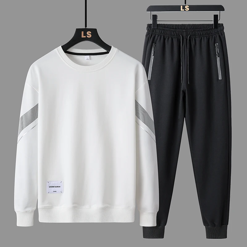 Men Winter Fleece Tracksuit 2Pcs Set Round Neck Sweatshirt + Zipper Pocket Jogger Pants Autumn Warm Thick Casual Sports Suit Men