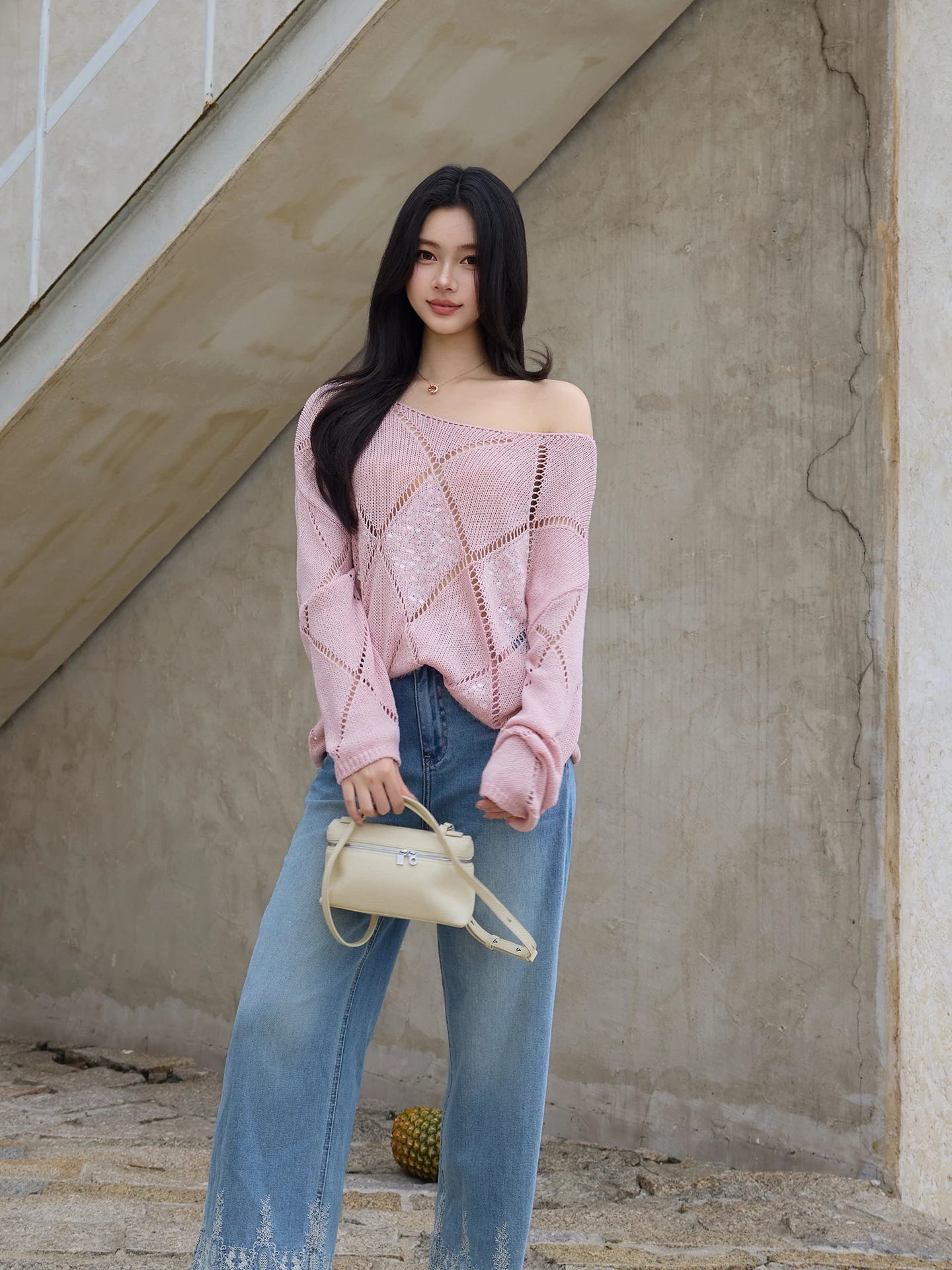 

Loose Fit Knitted Sweater Women's New Style Linmei Flower Pattern Long Sleeve round Neck Casual Wear Soft Linen Material