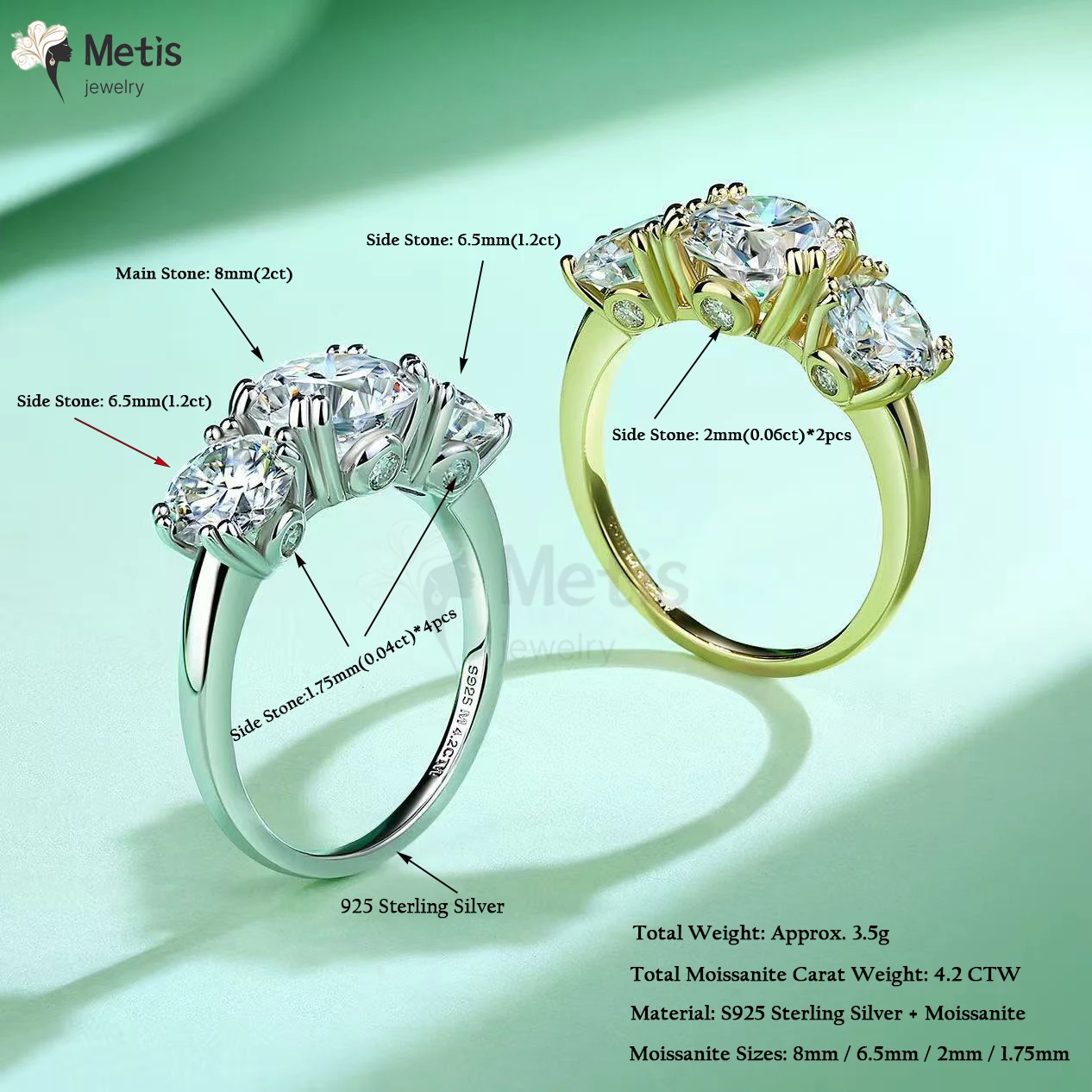 4.42cttw D Color Moissanite Diamond Luxurious Engagement 925 Sterling Silver Ring for Women 3 Stone Ring Customs Jewelry