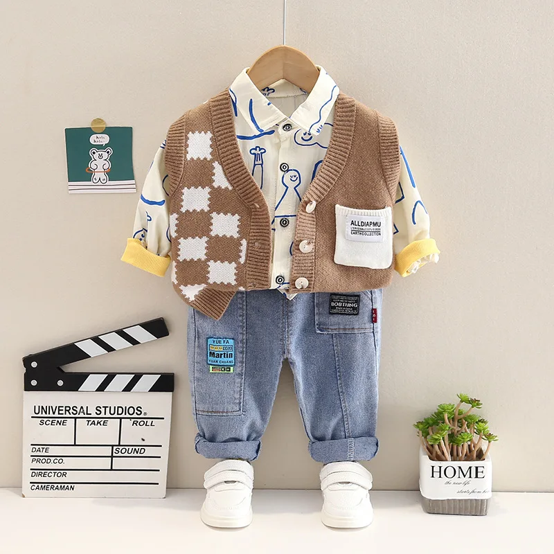 Personalized Baby Boy Fall Clothes Korean Plaid Knitted Sleeveless Cardigan Vest + White Cartoon Shirts + Jeans Boys Outfit Set