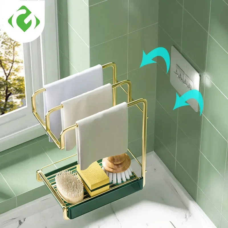 

Light luxury style Rag Drain Rack Kitchen Storage Holders Gold Wall Shelf Organizer Metal Double-layer Bracket Delicate Texture