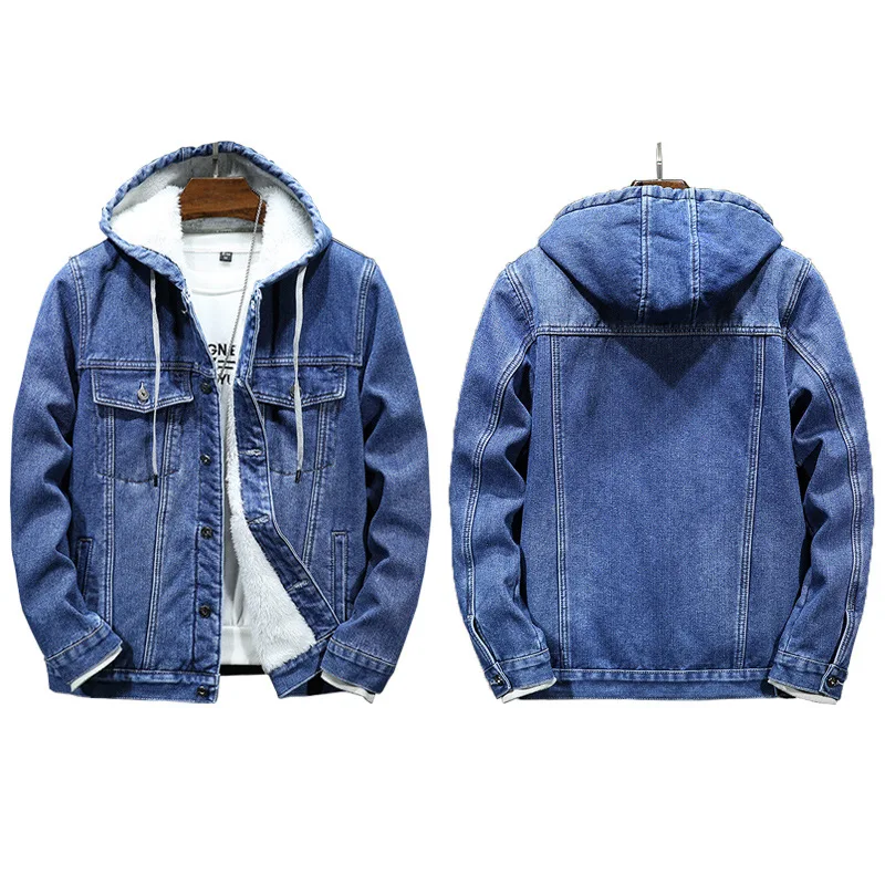 Men Denim Jacket Thick Coats Hooded Drawstring Single Breasted Coat Full Sleeve Casual Simple Pockets Jackets Autumn Winter