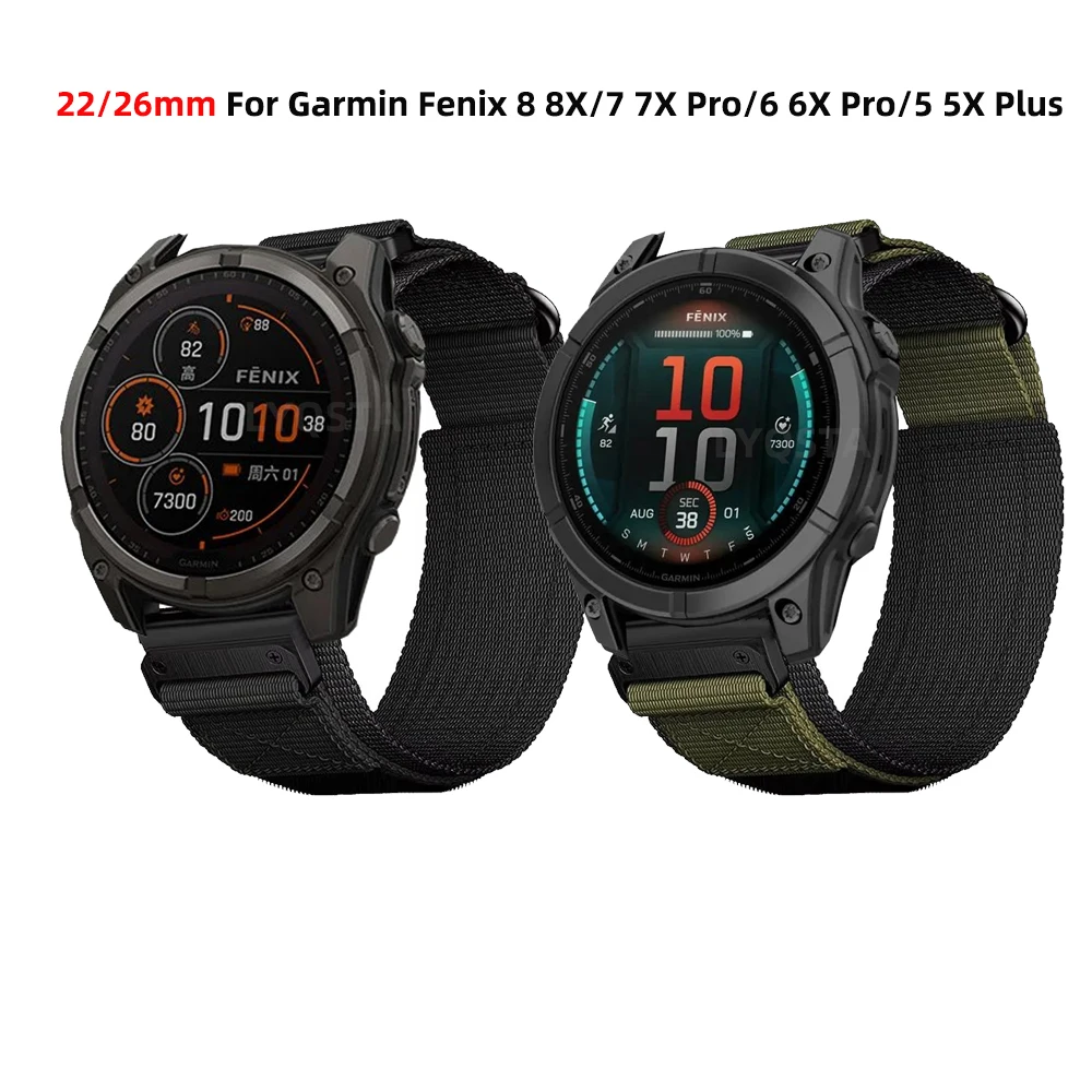 quickfit-26mm-22mm-exercito-verde-preto-pulseira-de-nailon-para-garmin-fenix-8-e-47mm-51mm-7-7x-pro-6-6x-pro-5-5x-plus-enduro-3-2-pulseira