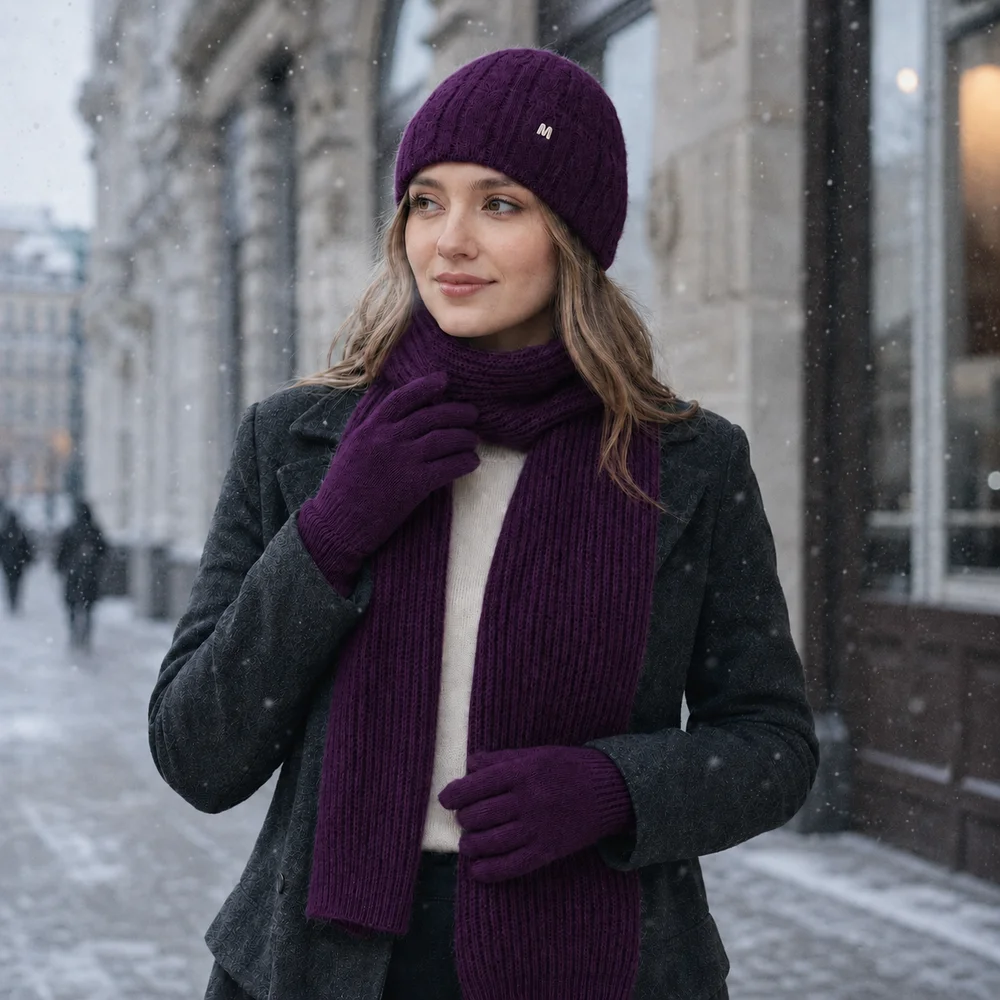 3Pcs Winter Knit Hat Scarf Gloves Set for Women Thick Warm Cable Beanie Long Scarf Full Finger Gloves Cold Weather Gift