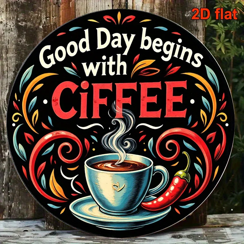لافتة ألومنيوم مستديرة 2D، قطعة واحدة مقاس 20.32 × 20.32 سم - "يوم جيد يبدأ مع القهوة" ديكور حائط عتيق بخاري مزين بالزهور، مناسب