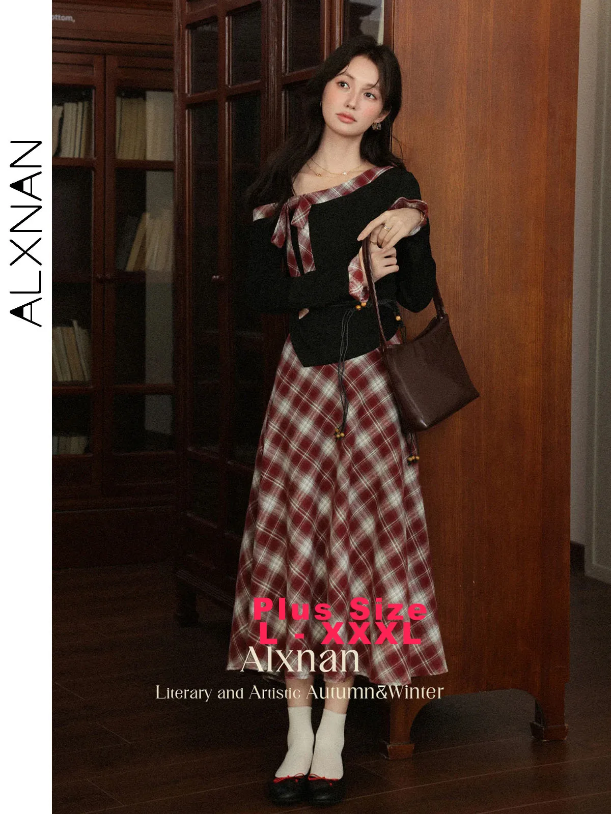 

ALXNAN Plus Size T-shirt Women Black Vintage Plaid Stitching Long Sleeve Cotton Blouse Autumn Diagonal Collar Female Tops D12312