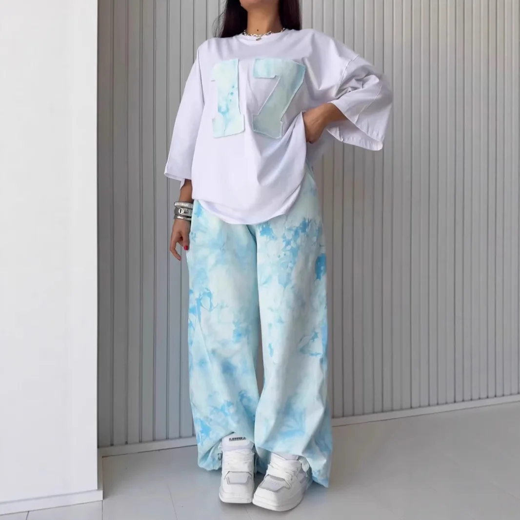 อเมริกันY2Kสาวร้อนหลวมแขนสั้นเสื้อยืดชุด 2025 ฤดูใบไม้ผลิและฤดูร้อนใหม่ผู้หญิงTie-Dyeชุดลําลองสบายๆ