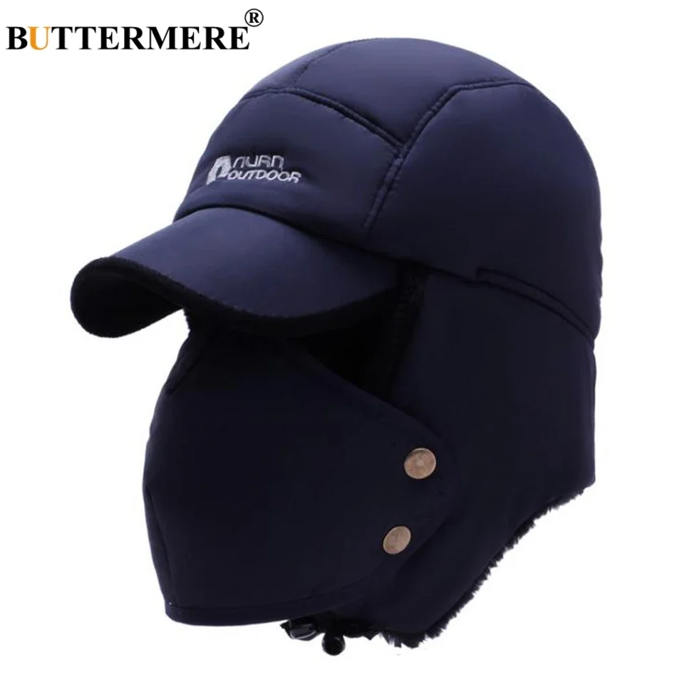 

BUTTERMERE Men's Winter Hats Russian Bomber Coffee Cotton Earflap Caps Male Snow Trapper Hat with Ears Fur Warm Ushanka Hat Ski