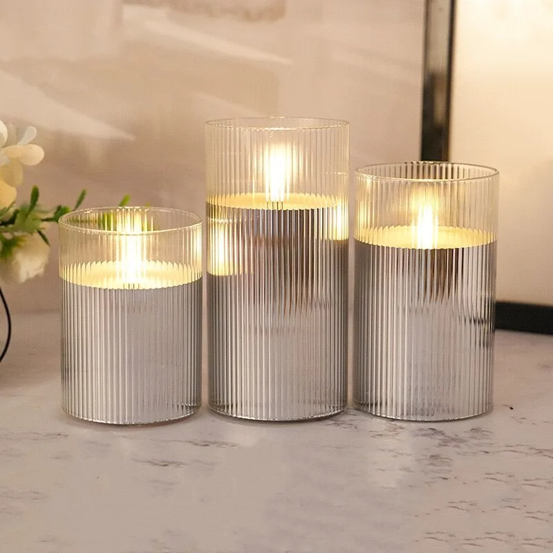 Set of 3 Ribbed Glass LED Candle Battery Operated Striped Pillar Candles Remote controlled Paraffin Wax table ambient Lighting