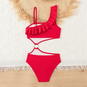Girls' One-Shoulder Ruffle Bikini | Solid-Color Swimwear 2 Bikini Girls Kids Swimsuits One Shoulder Ruffles Swimwear Solid Color Backless Bathing Suit 2