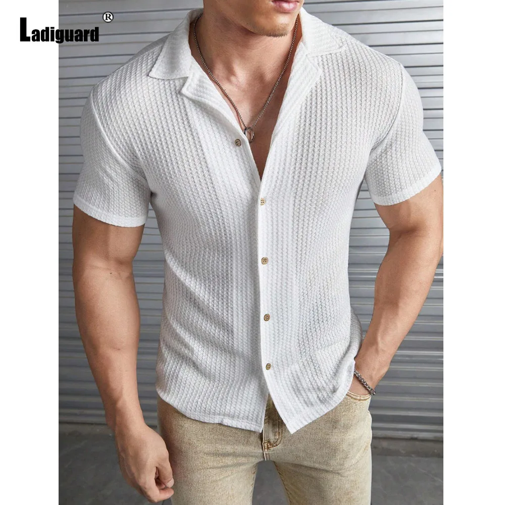 

2024 Short Sleeve Knitting Blouse Solid White Soft Basic Shirt Camisa Mens Casual Beach Top Lepal Collar Skinny Cardigans New