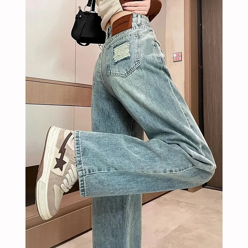 

Girls Chic Ripped Design Blue Jeans Women Classic Narrow Straight Leg Pants Female Casual High Waist Denim Trousers