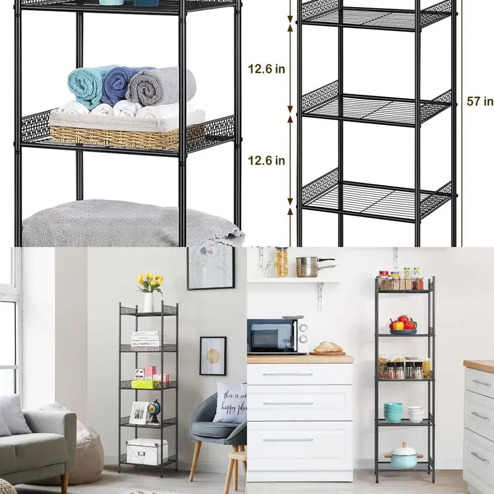 

Sturdy 5-Tier Freestanding Wire Shelf for Kitchen, Bathroom, and Laundry Storage with Towel Rack - Black