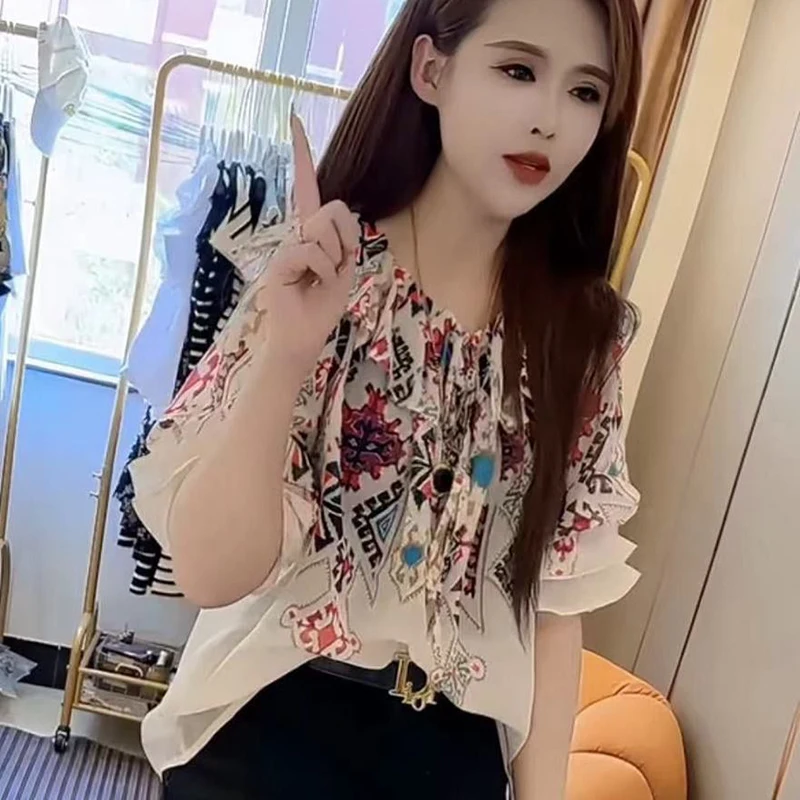 Fashion Slash Neck Printed Lace Up Bow Ruffles Blouses Women Clothing 2024 Summer New Loose Casual Tops Butterfly Sleeve Shirts