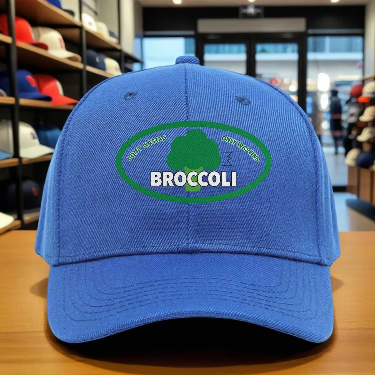 Don'T Wastag Solely Wasting Broccoli Print Baseball Cap, Green & White Design, Funky Adjustable Brim Hat for Outdoor, Casual Wea
