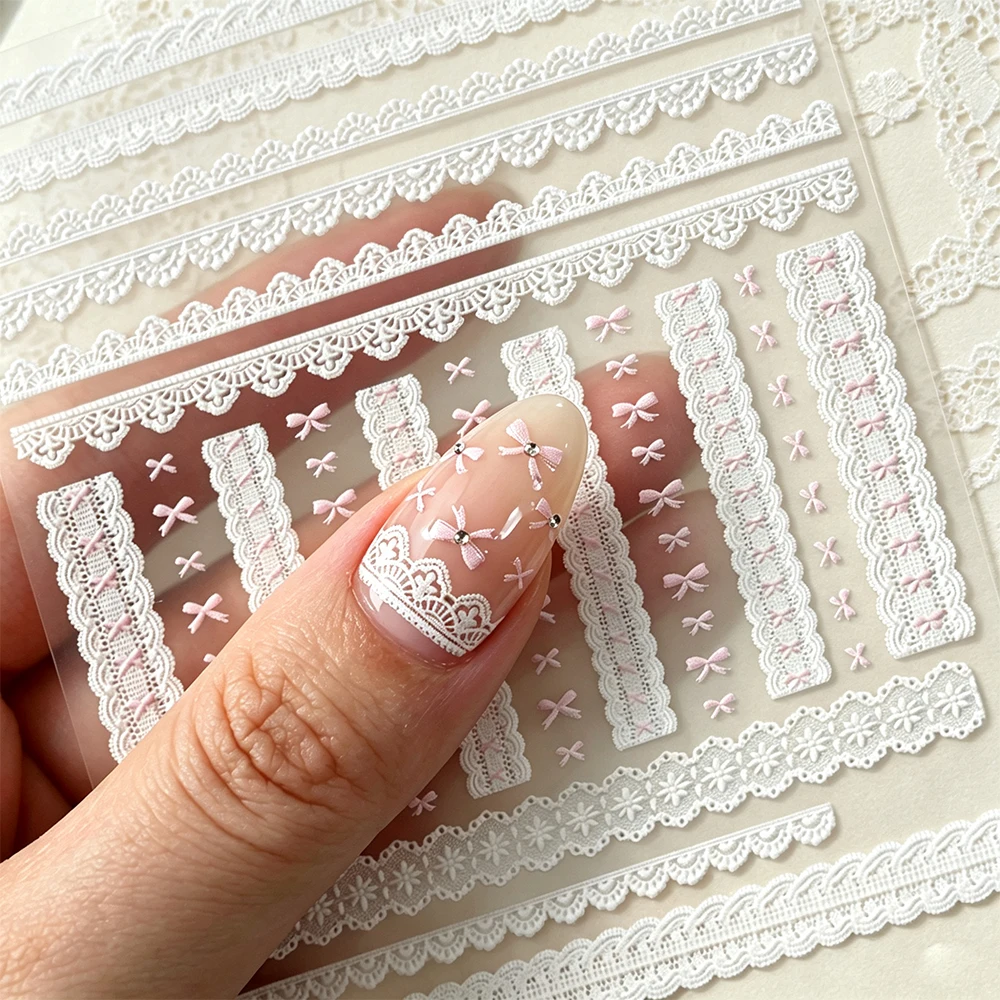 Exquisite Pure White Lace Nail Art Stickers 5D Relief Pink Lace Ribbon Bow Kawaii Nail Decoration Decals DIY Manicure Accessorie