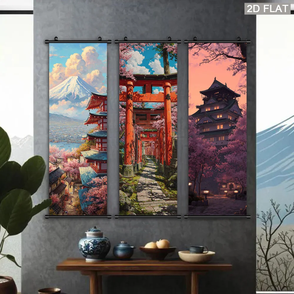 VIKAMA Japanese Torii Gate Mount Fuji Wall Art Hanging Scroll Poster Sakura Castle Canvas Painting for Living Room Bedroom Decor